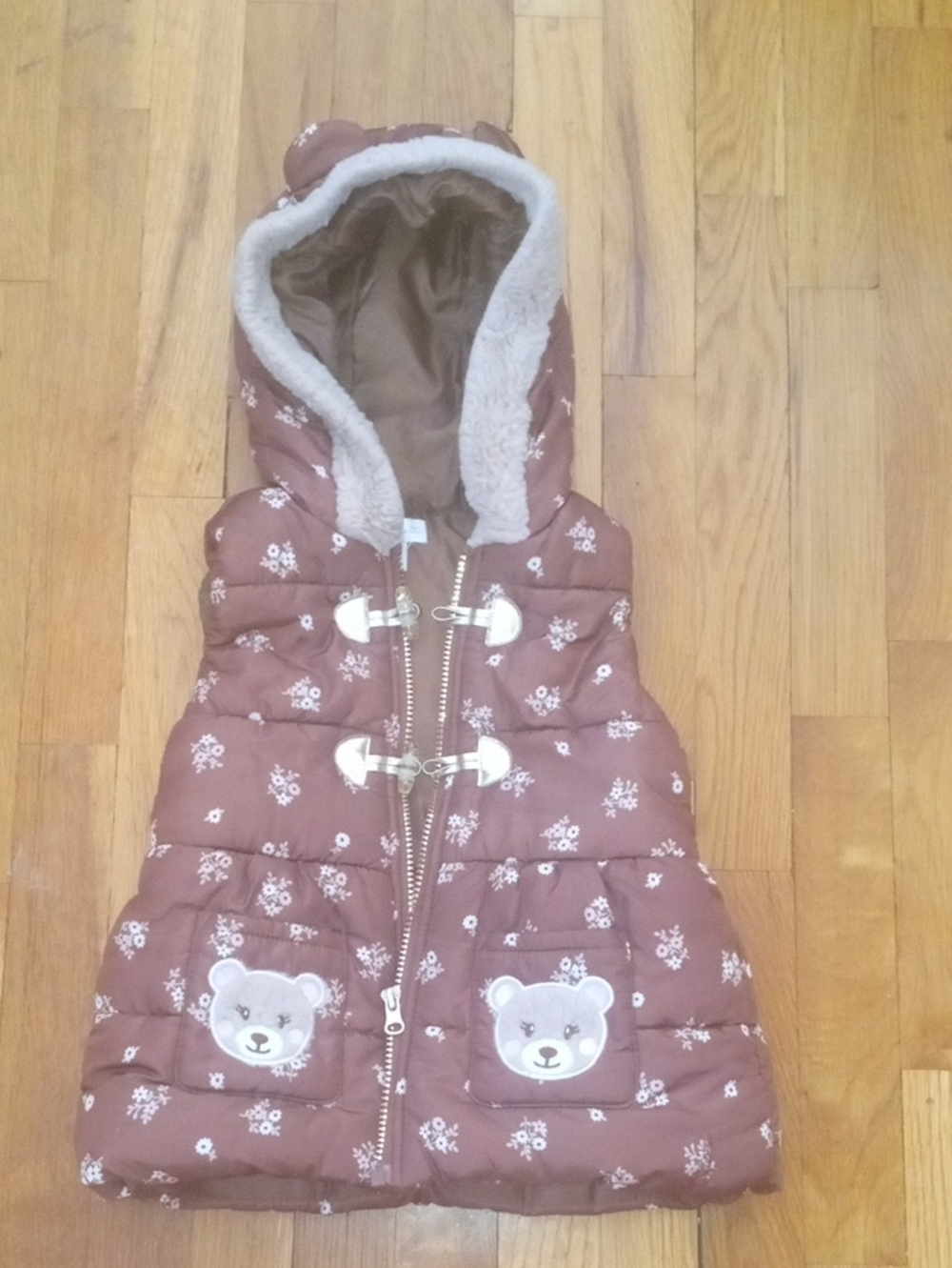 girls 5 Brown Hooded Puffer Vest with Teddy bear Pockets and flower print